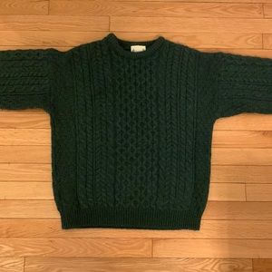 Forest green cable knit sweater. 100% wool. Made in Ireland.